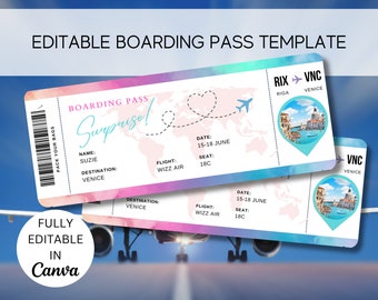 Bearbeitbare Bordkartenvorlage, druckbares personalisiertes Flugticket, Canva Bordkarte, digitaler Download Überraschungsreise einladen