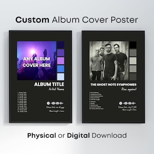 Puede incluir: Una plantilla de portada de álbum en blanco y negro con una imagen de marcador de posición de una multitud de conciertos. El texto "ANY ALBUM COVER HERE" se muestra en la portada. El título del álbum, el nombre del artista, la fecha de lanzamiento y la duración del álbum también se incluyen. La plantilla está diseñada para descarga física o digital.