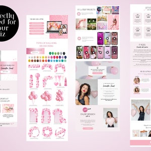 May include: A pink and white website design for a balloon decorator. The website features images of balloon arches, bouquets, and other decorations. The website also includes a contact form, a FAQ section, and testimonials from happy clients.
