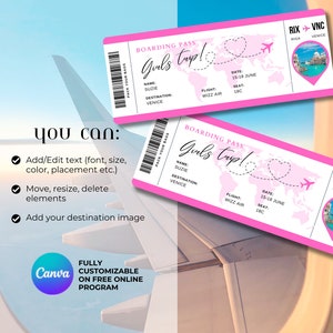 May include: Pink boarding pass with the text "Girls Trip!" and a world map with a heart over it. The destination is Venice, Italy. The text "RIX VNC" is in the top right corner of the pass.