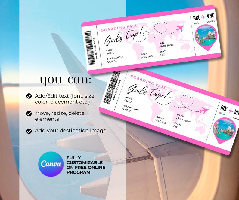 May include: Pink boarding pass with the text "Girls Trip!" and a world map with a heart over it. The destination is Venice, Italy. The text "RIX VNC" is in the top right corner of the pass.