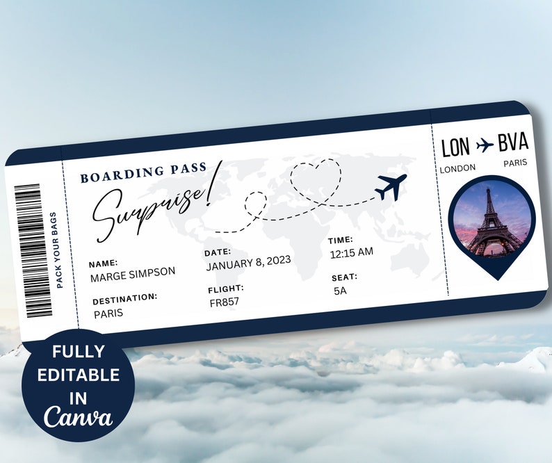 Editable Boarding Pass Template, Printable Personalized Airline Ticket, Canva Boarding Pass, Digital Download DIY Boarding Ticket zdjęcie 5