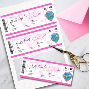 May include: Three pink boarding passes with the text "Girls Trip!" and a world map with a heart and airplane. The destination is Venice, Italy. The flight is Wizz Air and the date is 15-18 June.