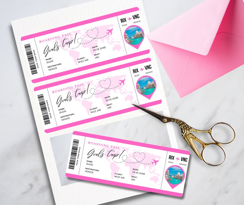 May include: Three pink boarding passes with the text "Girls Trip!" and a world map with a heart and airplane. The destination is Venice, Italy. The flight is Wizz Air and the date is 15-18 June.