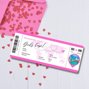 May include: A pink boarding pass with the text "Girls Trip!" and a map of the world with a heart over it. The pass has the name "Suzie" and the destination "Venice". The flight is "Wizz Air" and the seat is "18C". The date is "15-18 June".
