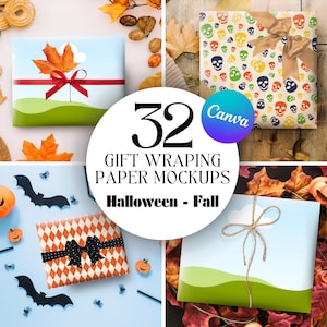 Editable Gift Wrap for Canva, Halloween Wrapping Paper Mockup Bundle, Drag and Drop MOCKUPS, Editable Autumn Mock Up, Etsylisting, Fall