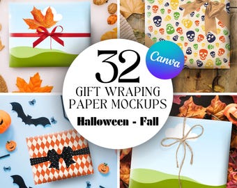 May include: 32 gift wrapping paper mockups for Halloween and Autumn. The mockups feature various designs, including skulls, a chequered pattern, and a green and blue landscape. The mockups are arranged in a collage with autumn leaves and other decorative elements.