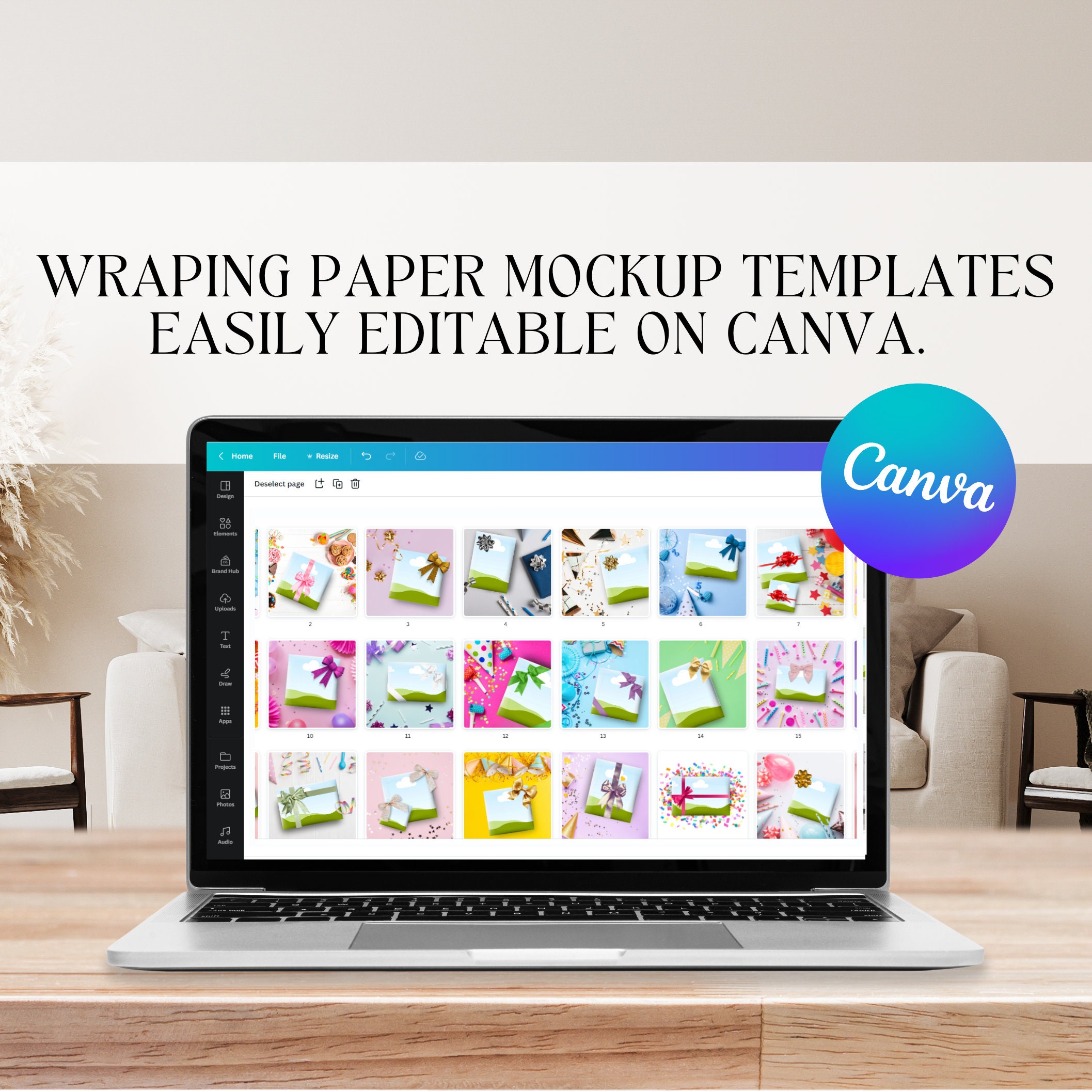 Layout Wrapped Editable Editable Gift Wrap for Canva, Birthday Wrapping Paper Mockup Bundle ...