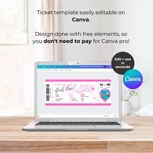 May include: A laptop screen displaying a pink and white boarding pass template with the text "Girls Trip!" and "Boarding Pass". The template is easily editable on Canva.