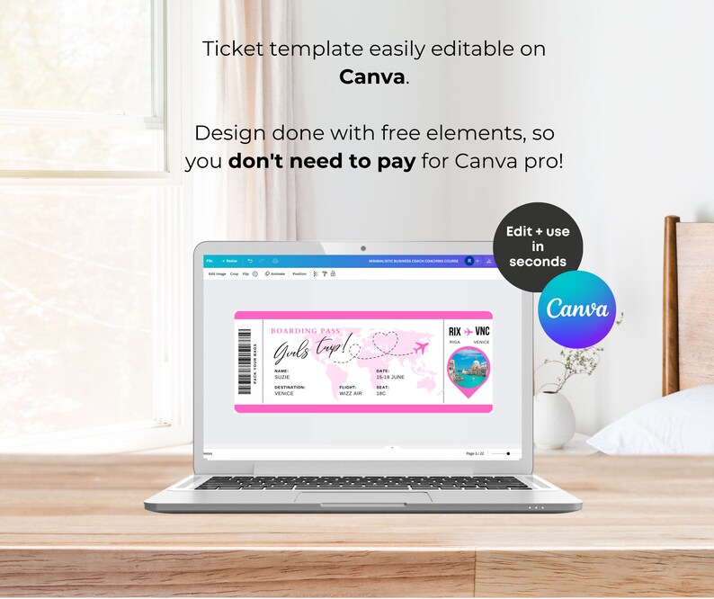 May include: A laptop screen displaying a pink and white boarding pass template with the text "Girls Trip!" and "Boarding Pass". The template is easily editable on Canva.