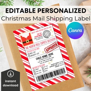 Etiqueta de envío de correo de elfo editable, plantilla de etiqueta de regalo Canva, pegatinas de Navidad personalizadas, regalos de elfo, etiquetas de plantilla de Canva, etiquetas imprimibles