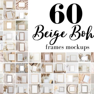 Puede incluir: 60 marcos de fotos beige y marrón dispuestos en una cuadrícula. Los marcos están vacíos y tienen un estilo boho. Los marcos están rodeados de hierba de la pampa seca y otros elementos naturales.