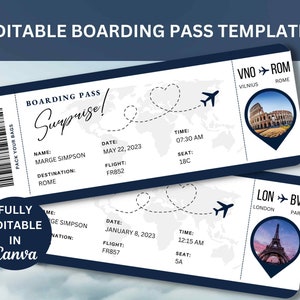 Modèle modifiable de carte d'embarquement, billet d'avion personnalisé imprimable, carte d'embarquement Canva, billet d'embarquement bricolage en téléchargement numérique
