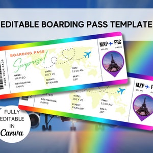 Modèle de carte d'embarquement modifiable arc-en-ciel, billet d'avion personnalisé imprimable, carte d'embarquement Canva, invitation de voyage surprise en téléchargement numérique