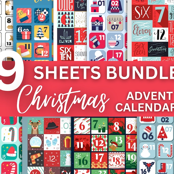 9 Sheets Advent Calendar Printable Bundle, Christmas Label Pack, Advent, Vintage Numbers, Tags, Labels, Countdown, Printable Download