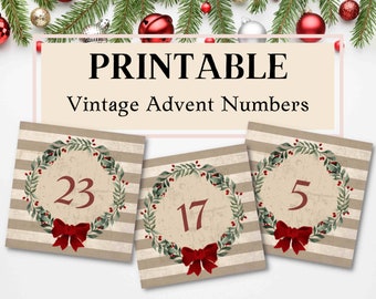 Advent Calendar Printable, Junk Journal, Christmas, Advent, Vintage Numbers, Tags, Labels, December Daily, Countdown, Printable Download