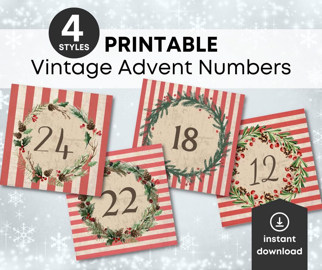 4 Styles Advent Calendar Printable Bundle, Vintage Christmas Label Pack ...
