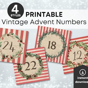 4 styles Advent Calendar Printable Bundle, Vintage Christmas Label Pack, Advent, Vintage Numbers, Tags, Labels, Countdown