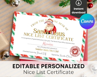 Instant Download Editable Nice List Certificate, Official Letter from Santa Claus, Christmas Eve North Pole Mail, Printable Template Custom