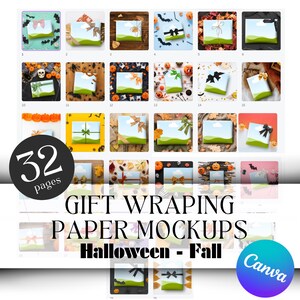 May include: 32 pages of gift wrapping paper mockups featuring Halloween and fall themes. The mockups show various designs with pumpkins, bats, and other fall elements.