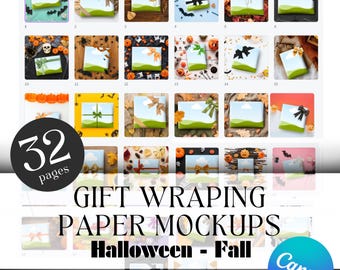 May include: 32 pages of gift wrapping paper mockups featuring Halloween and autumn themes. The mockups show various designs with pumpkins, bats, and other autumnal elements.