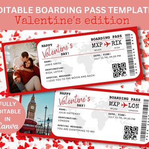 Bewerkbare sjabloon voor instapkaart voor Valentijn, afdrukbaar gepersonaliseerd vliegticket, canvas instapkaart, digitale download cadeau voor hem