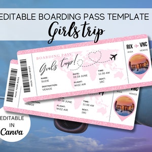 Modèle modifiable de carte d'embarquement, billet d'avion personnalisé imprimable, carte d'embarquement Canva, invitation de voyage pour filles en téléchargement numérique, vacances
