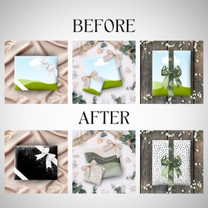 May include: Before and after images of gift wrapping. The first row shows three gift boxes wrapped in a green and blue paper with a white ribbon and bow. The second row shows the same three boxes wrapped in different patterns: black and white polka dots, green and white waves, and black with white glitter.