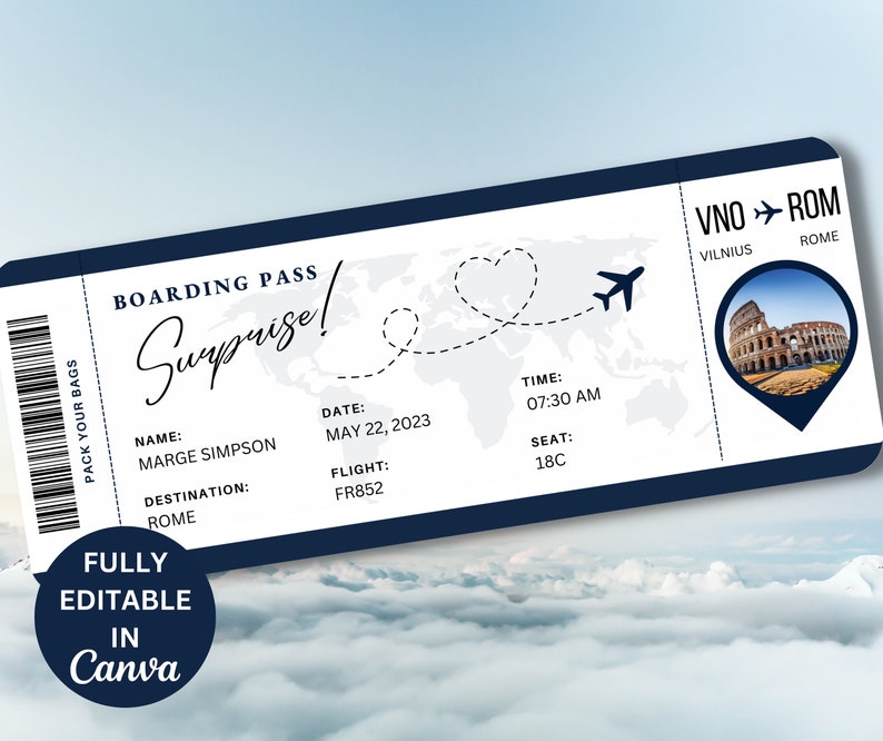 Editable Boarding Pass Template, Printable Personalized Airline Ticket, Canva Boarding Pass, Digital Download DIY Boarding Ticket zdjęcie 4