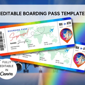 Modèle de carte d'embarquement modifiable arc-en-ciel, billet d'avion personnalisé imprimable, carte d'embarquement Canva, invitation de voyage surprise en téléchargement numérique