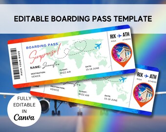 Bearbeitbare Regenbogen-Bordkarte-Vorlage, druckbares personalisiertes Flugticket, Canva-Bordkarte, digitaler Download-Überraschungsreise-Einladung