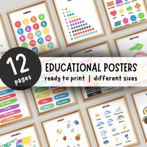 Set of 12 Educational Posters, Homeschool Learning, Preschool Decor Prints, Montessory Gift for Baby Kids,Montessori Toddler Playroom