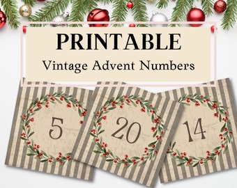 Adventskalender Printable, Junk Journal, Weihnachten, Advent, Vintage Zahlen, Tags, Etiketten, Dezember Täglich, Countdown, printable Download