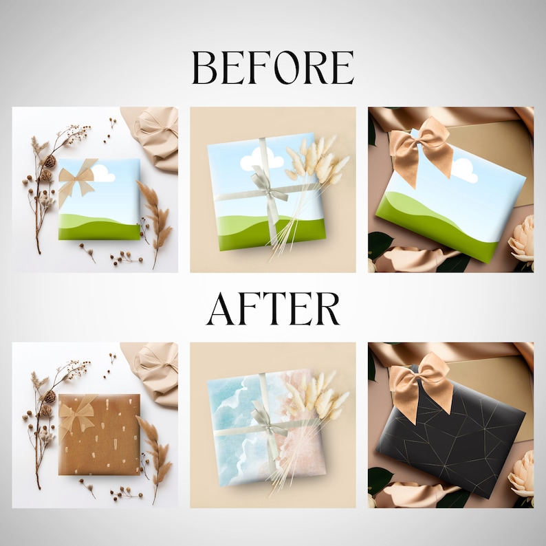 May include: Before and after images of three gift boxes wrapped in different paper. The first row shows the boxes before they are wrapped, and the second row shows the boxes after they are wrapped. The boxes are all different sizes and shapes, and they are all wrapped in different colors and patterns.