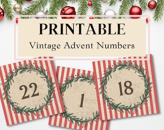 Calendario de Adviento Imprimible, Diario Basura, Navidad, Adviento, Números Vintage, Etiquetas, Diario de Diciembre, Cuenta Regresiva, Descarga Imprimible