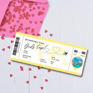 May include: A yellow boarding pass with the text "Girls Trip!" and the name "Suzie" printed on it. The destination is Venice, with a flight on Wizz Air. The pass has a barcode and a small image of Venice.