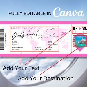 May include: A pink boarding pass with the text "Girls Trip!" and a map of the world with a heart drawn on it. The pass has the text "RIX &rarr; VNC" with the cities Riga and Venice listed below. A photo of a canal in Venice is in the corner of the pass.