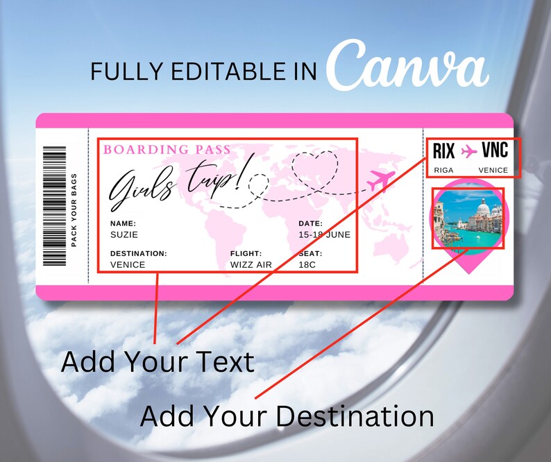 May include: A pink boarding pass with the text "Girls Trip!" and a map of the world with a heart drawn on it. The pass has the text "RIX &rarr; VNC" with the cities Riga and Venice listed below. A photo of a canal in Venice is in the corner of the pass.