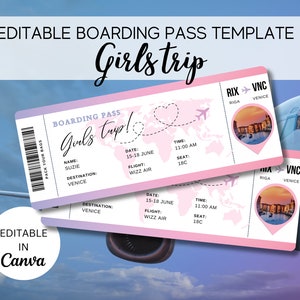 Bearbeitbare Bordkartenvorlage, druckbares personalisiertes Flugticket, Canva Bordkarte, digitaler Download Girls Trip Invite, Girls Trip