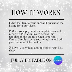 May include: A white and gray background with snowflakes and the text "HOW IT WORKS" in black.  The text below explains how to purchase and edit a template using Canva. The text "FULLY EDITABLE ON Canva" is in black with a purple and blue Canva logo.