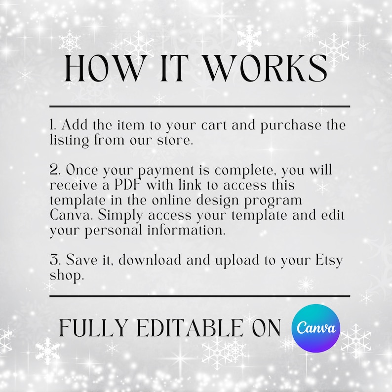 May include: A white and gray background with snowflakes and the text "HOW IT WORKS" in black.  The text below explains how to purchase and edit a template using Canva. The text "FULLY EDITABLE ON Canva" is in black with a purple and blue Canva logo.