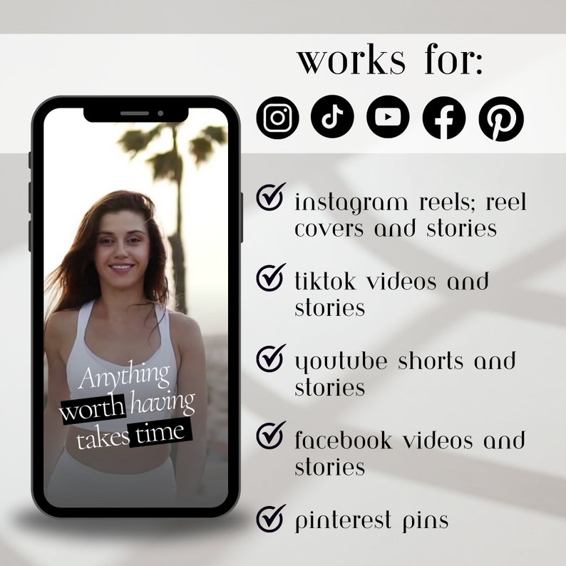 Templates mobile screen size (1080 x 1920 px) makes them perfect for Instagram and Facebook Reels, Reel Covers, and Stories, TikTok videos and stories, YouTube Shorts and stories, and Pinterest idea pins.