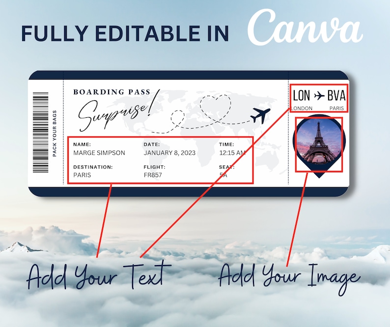 Editable Boarding Pass Template, Printable Personalized Airline Ticket, Canva Boarding Pass, Digital Download DIY Boarding Ticket zdjęcie 2