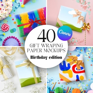 Papel de regalo editable para Canva, paquete de maquetas de papel de regalo de cumpleaños, maquetas de arrastrar y soltar, maqueta editable, Etsylisting, vender en Etsy