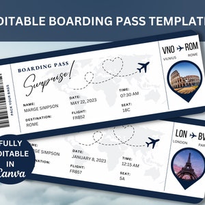 Editable Boarding Pass Template, Printable Personalized Airline Ticket, Canva Boarding Pass, Digital Download DIY Boarding Ticket