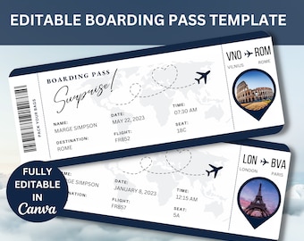 Editable Boarding Pass Template, Printable Personalized Airline Ticket, Canva Boarding Pass, Digital Download DIY Boarding Ticket