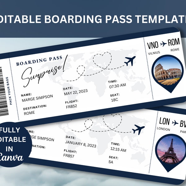 Modèle modifiable de carte d'embarquement, billet d'avion personnalisé imprimable, carte d'embarquement Canva, billet d'embarquement bricolage en téléchargement numérique