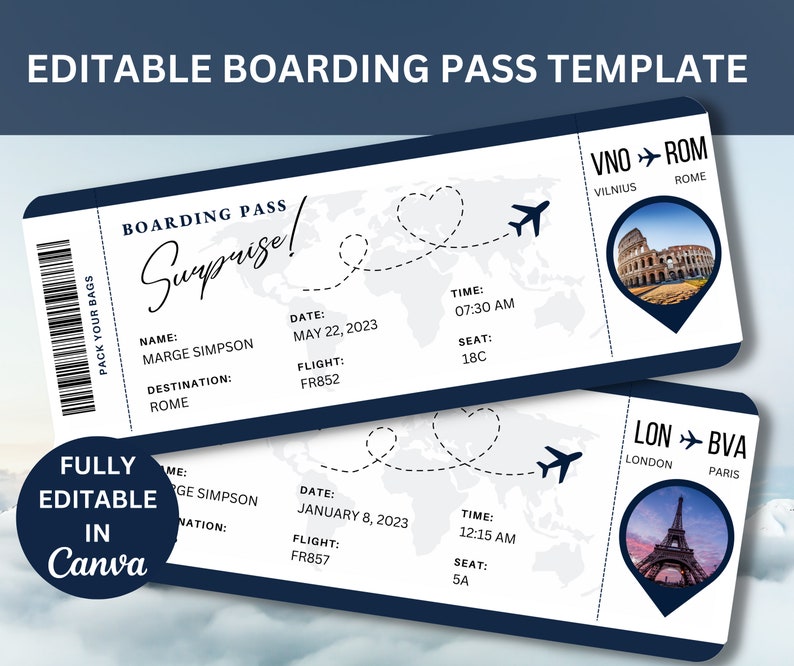 Editable Boarding Pass Template, Printable Personalized Airline Ticket, Canva Boarding Pass, Digital Download DIY Boarding Ticket zdjęcie 1