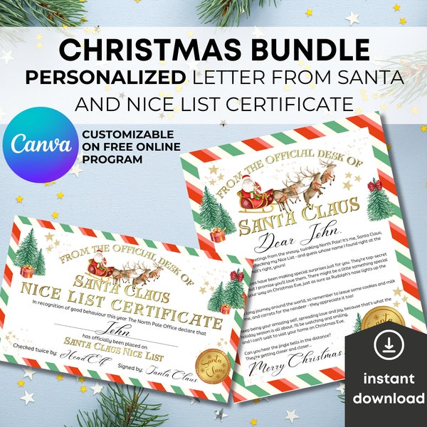 Instant Download Christmas Bundle, Santa Letter, Nice List Certificate, Christmas Eve Box, Editable Letter, Personalized Christmas Gift