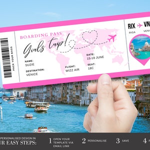 May include: Pink boarding pass with a world map and a heart with an airplane flying over it. The text on the boarding pass reads "Girls Trip!" and includes the name "Suzie", the destination "Venice", the flight "Wizz Air", the date "15-18 June", and the seat "18C". The boarding pass also has the text "RIX &rarr; VNC" with "RIGA" and "VENICE" underneath. The boarding pass is held in a hand against a background of a canal in Venice.